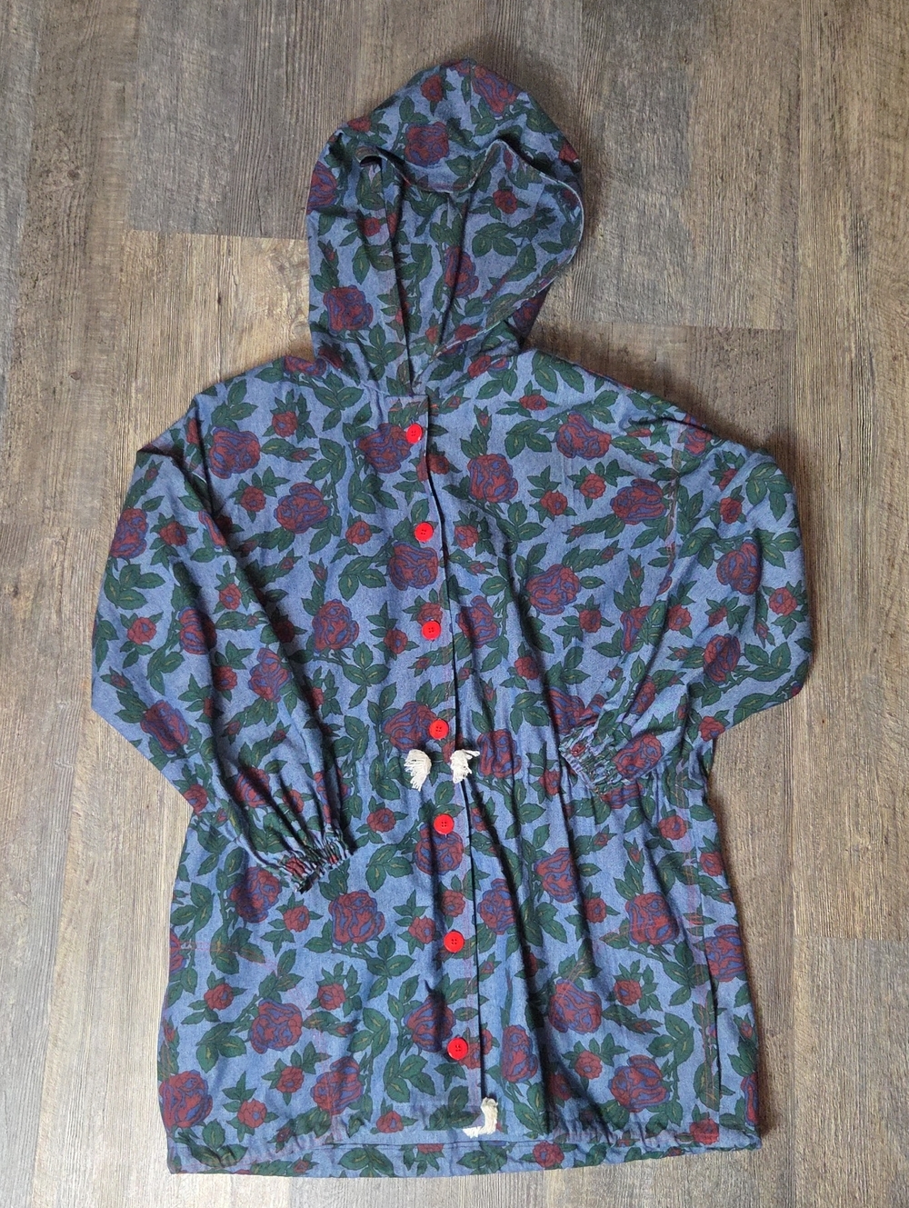 Vintage Hooded Jacket in Navy with Red Floral Print